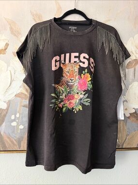 GUESS Black Graphic Tee with Rhinestone Fringe